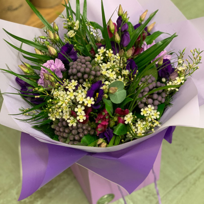Lilac and Purple Handtied In Water - Lilac and Purple Flowers Lisianthus Alstromeria Roses Veronica