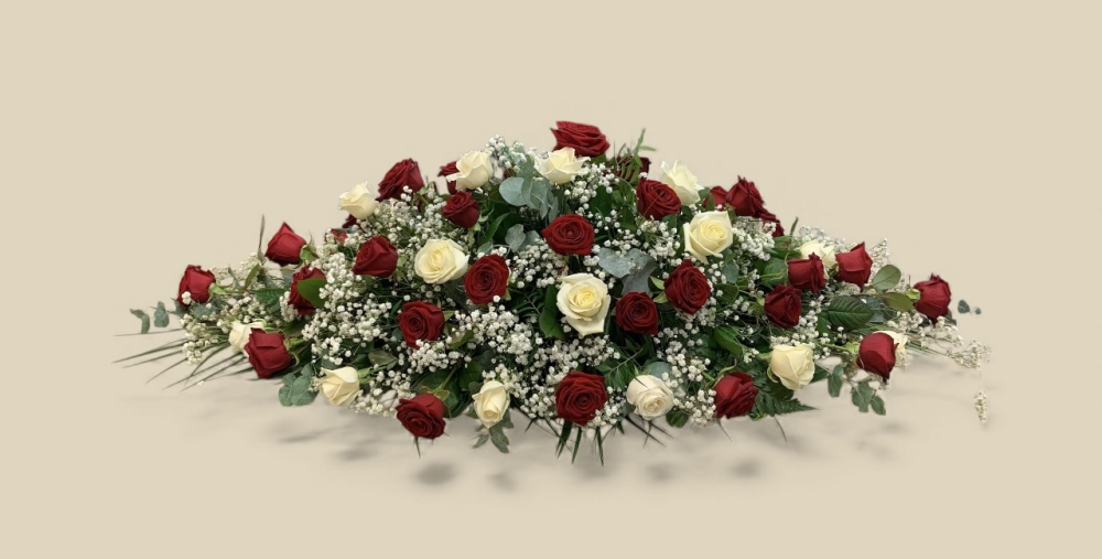 Red And White Rose Casket Spray