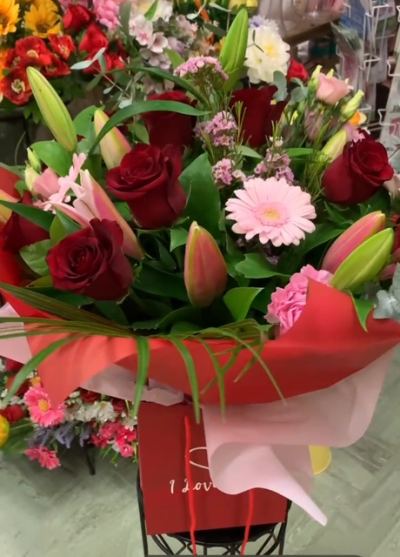 Dozen Luxury Red Roses With Lilies And Assorted Pink Flowers - Beautiful Bouquet Of Dozen Large Headed Red Roses Pink Oriental Lilies And Assorted Pink Flowers