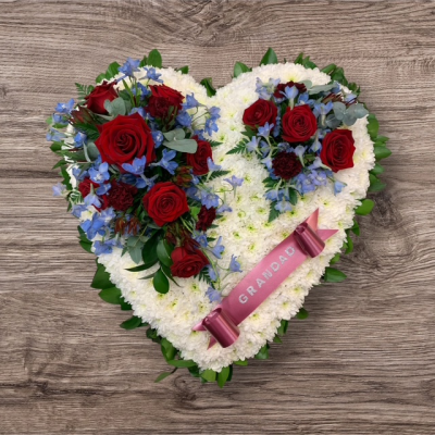 Large Heart Image Shown 21 Inch - Red Rose And Blue Delphinium Heart With Two Sprays