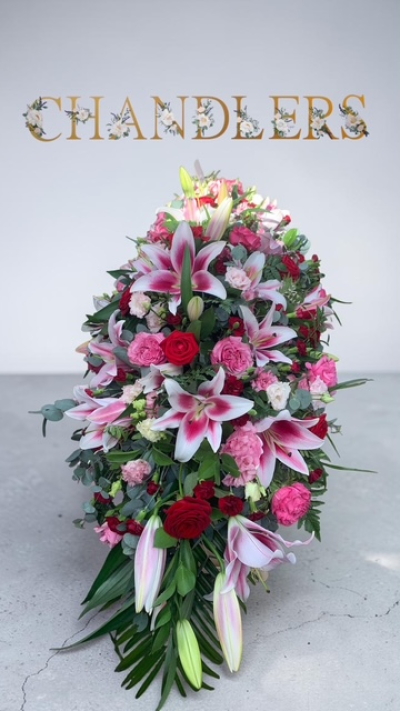 Oriental Lily With Red And Pink Rose Casket Spray - Beautifully Scented Oriental Lily With Red And Pink Rose Casket Spray