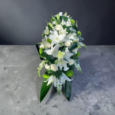 Scented White Casket Spray - White Lily, Rose, Snap Dragons, Aspidistra Casket Spray